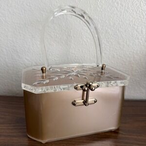 Vintage 1950s Carved Floral Lucite Box Handbag Clear Metallic Champagne MCMPurse